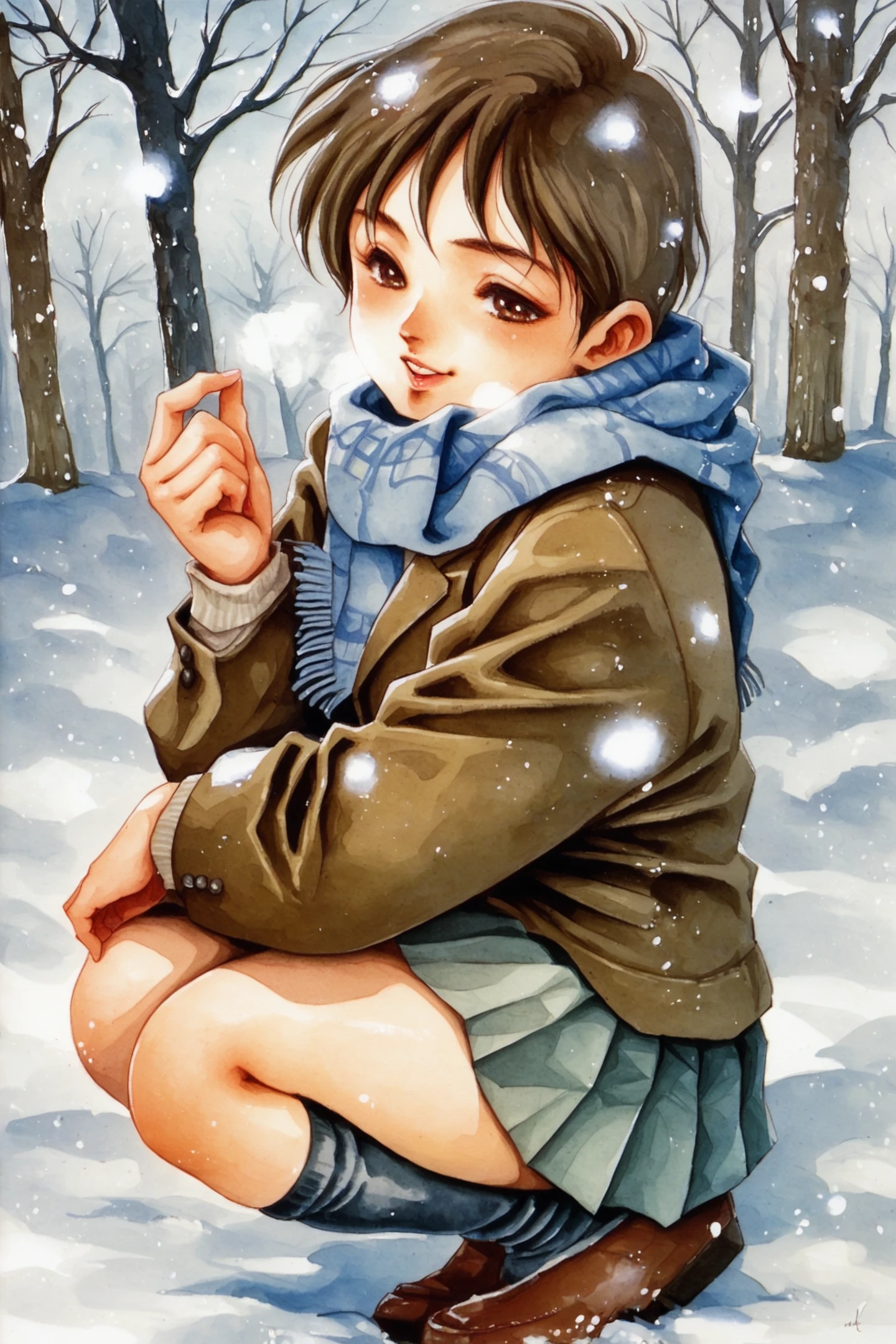 1girl,scarf,squatting,solo,skirt,short hair,breath,school uniform,brown hair,black hair,black eyes,socks,jacket,brown eyes,tree,snow,snowing,traditional media,watercolor (medium),score_9,score_8_up,<lora:Haruhiko Mikimoto_XL_PONY_V2:0.9>,