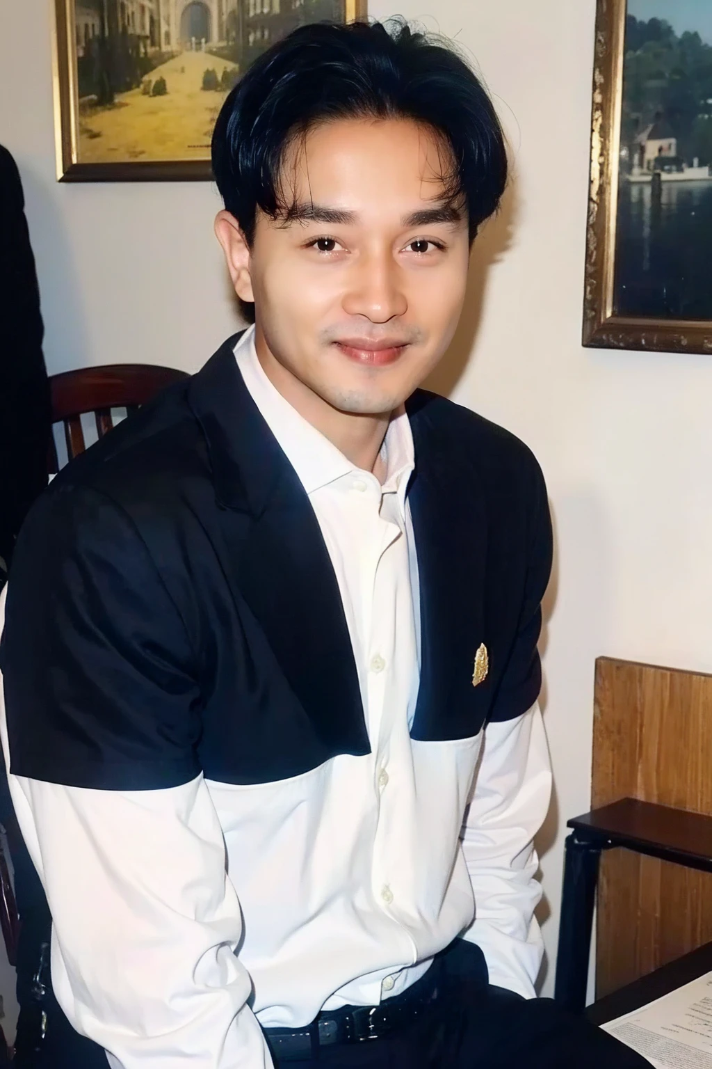 (1boy:1.1),realistic,best quality,picturesque,<lora:å¼ å½è£:0.9>,black hair,upper_body,(dress_shirt:1.2),(blazer:1.2),smile,full body,