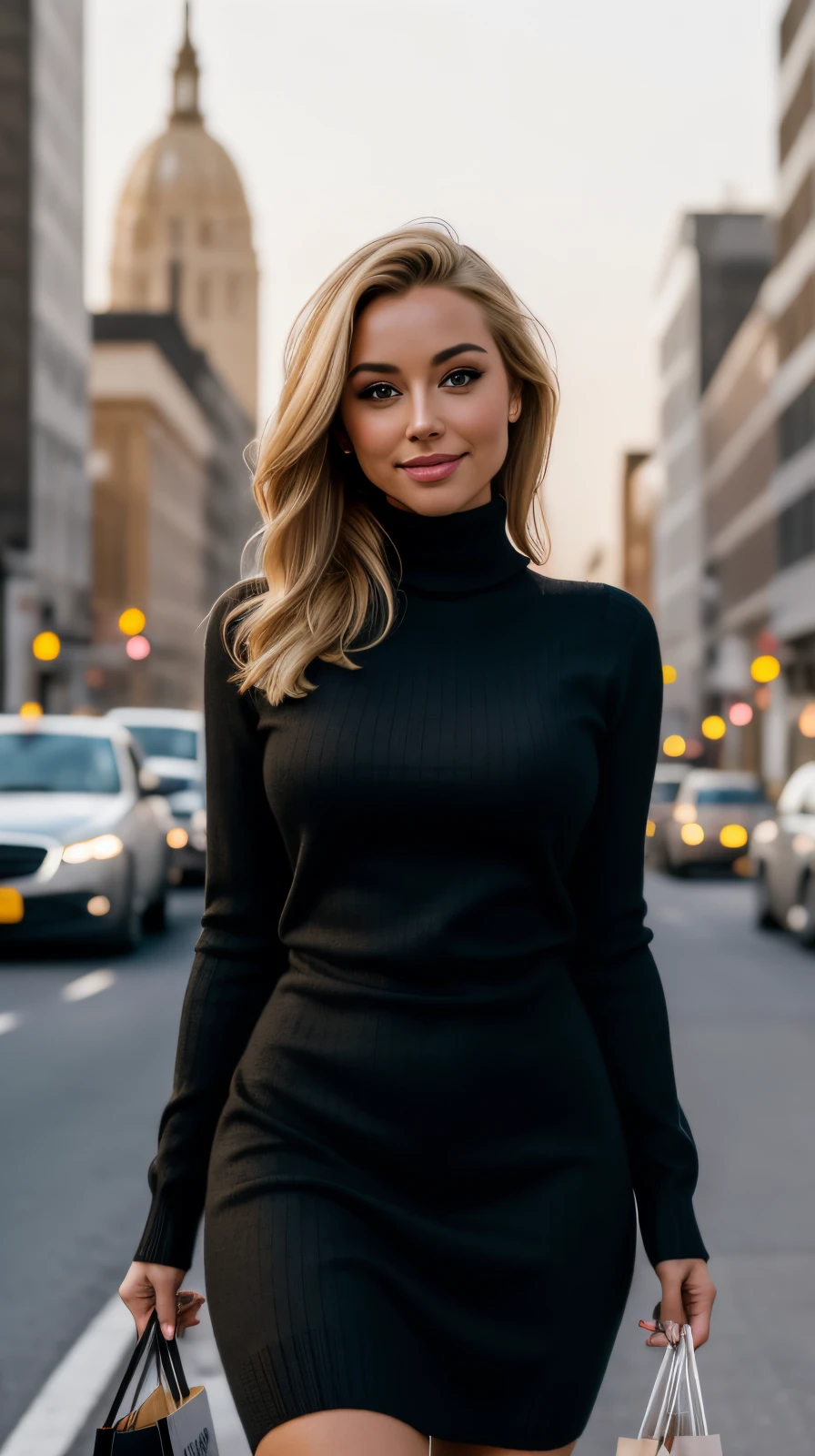 masterpiece, best quality, 1girl, shiny skin, cinematic lighting, medium breasts, looking at viewer, messy hair, blonde hair, yellow eyes, solo, autumn, outdoors, smile, blush, windy, black sweater dress, ribbed, knit, turtleneck sweater dress, black pantyhose, walking, city, shopping, dynamic angle, close-up, ultra-detailed, 8k, rtx, ambient occlusion, rim lighting, bustling