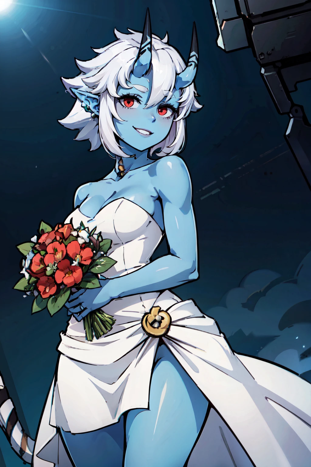 ((masterpiece,best quality)), absurdres, <lora:soukaku:0.7>,  curvy, medium breasts, wide hips,   soukaku, red eyes, blue skin, white hair, short hair, horns, oni,     bride, wedding dress, bridal veil, strapless dress, elbow gloves,  holding bouquet,  solo, smile, looking at viewer, cowboy shot,