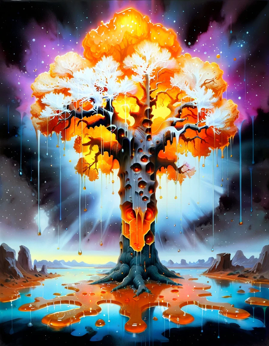 space art designed by Peter Andrew Jones, fantasy art, Water color painting, Injured Repulsive ([Flower Bulb:White oak:3]:1.2) , it is forged by Netflix, soft focus, Tranquil, Prehistoricore, specular lighting, Vibrant and deep orange neon hue, concept art, <lora:ral-hnycmb:0.9> made out of ral-hnycmb, glossy, highly enhanced, magical atmosphere, dynamic dramatic beautiful full taking