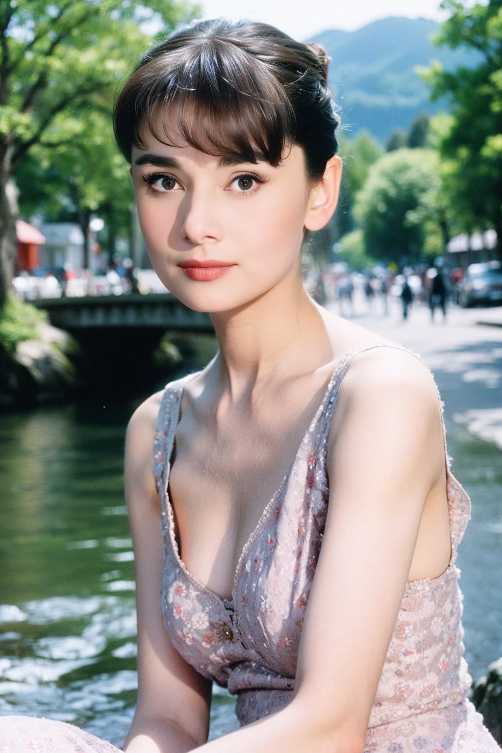 1girl,realistic,best quality,medium breasts:1.3),(picturesque:1.3),dress,<lora:Audrey Hepburn:0.9>,(brown hair:1.1),bun,