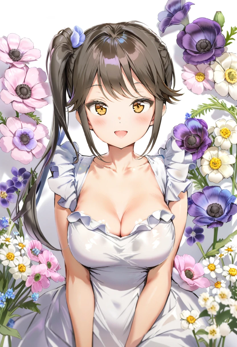 upper body, solo, 1girl, looking away, disgust, blush, medium breasts, frilled shirt, sunbeam, Phalaenopsis \(flower\), floral background