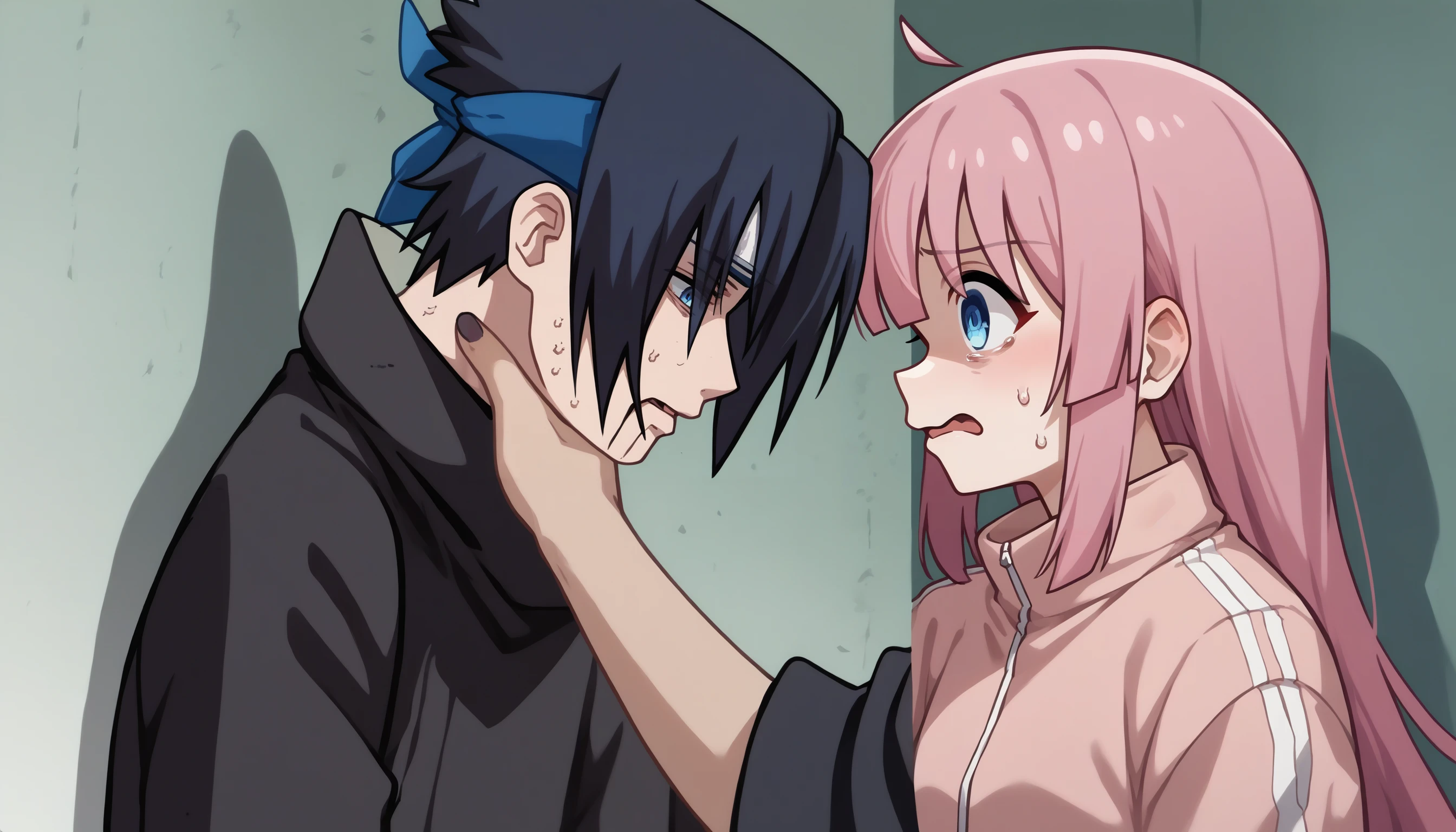 score_9, score_8_up, score_7_up, source_anime, 1boy, <lora:SasukeChokeEditsMeme_XLPD:1>, incrschokememe, 1girl, gotoh hitori, bocchi the rock!, pink hair, jacket, blue eyes, scared, confusion, black hair,