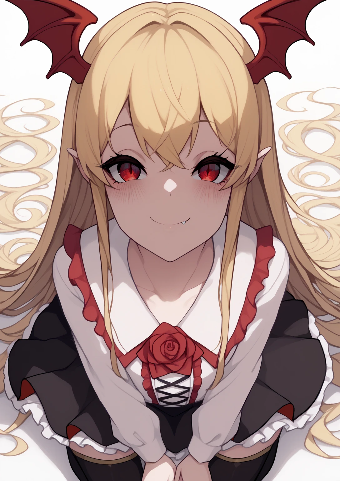 <lora:KakureEriaPDXL:1.1>, score_9, score_8_up, score_7_up, source_anime, (masterpiece, best quality:1.2), extremely detailed, soft ambient lighting, sharp focus, 4K, BREAK <lora:VaniVampyLora-000010:1>, VaniVampy, vampy, vampire girl, 1girl, solo, very long blonde hair, bangs, red eyes, skin fang, head wings, white shirt, black skirt, frills, red rose, black thighhighs, BREAK nervous smile, blush, looking at viewer, kneeling, BREAK white background, high angle, BREAK