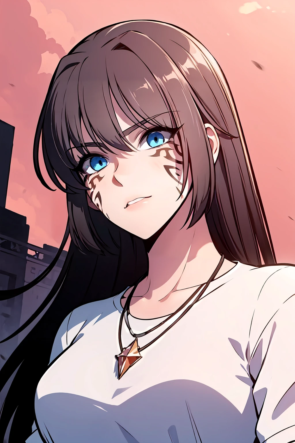 masterpiece, best quality, 1girl, solo, <lora:Dark_Teresa:0.7> thg-teresa, long hair, black hair, blue eyes, facial mark, BREAK white shirt, upper body, necklace, red gemstone, portrait