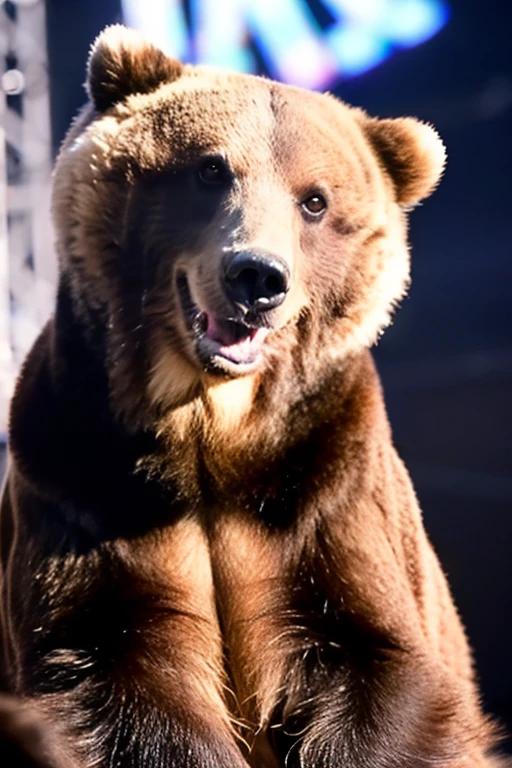 (masterpiece, best quality:1.4), 8k, highres, shiny skin, lips, super detailed skin, detailed beautiful face and eyes, spotlight, professional lighting, hands up, smile, An adorable grizzly bear cub playfully standing on its hind legs in the stage, its mouth open in a playful growl, exuding an aura of innocent mischief, sitting, kooo123, close up   <lora:grizzOO_v1:0.8>