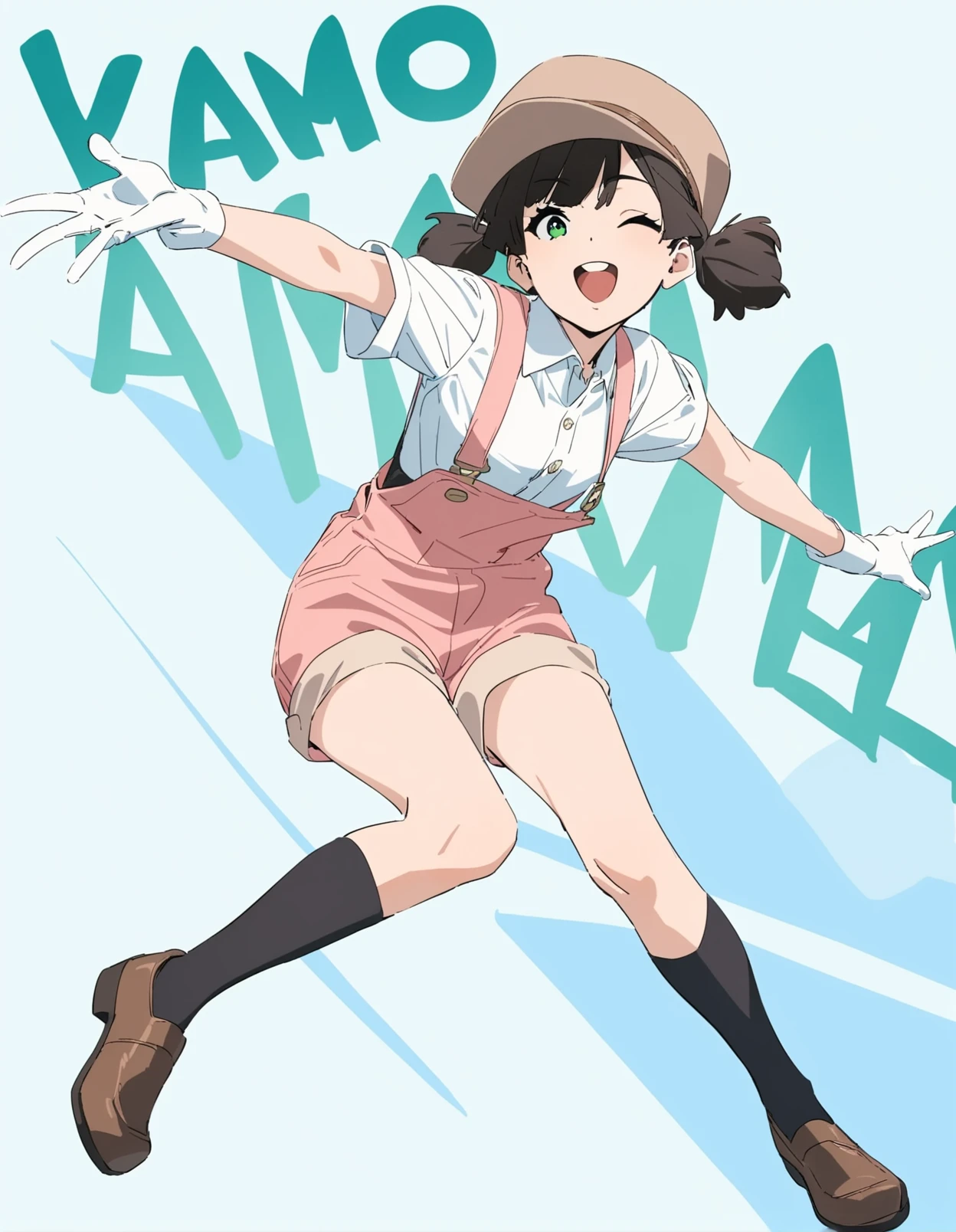 1girl,
kamo kamen,
open clothes, smile, teeth, white gloves, brown footwear, overalls, round teeth, short twintails, outstretched arms, pink overalls, character name, one eye closed, green eyes, brown headwear, twintails, :d, dress shirt, black socks, upper teeth only, shoes, short hair, buttons, solo, hat, black hair, collared shirt, socks, short sleeves, full body, open mouth, white shirt, wing collar, shirt, gloves, kneehighs, suspenders, overall shorts,
masterpiece, best quality, newest
<lora:kamo_kamen_image373_2024-03-28_a31:1>