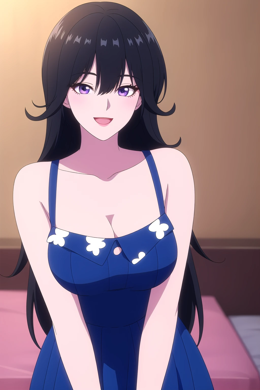 (masterpiece, best quality), highly detailed background, perfect lightingbest quality, dunalee, solo, indoors, bedroom, black hair, hair between eyes, very long hair, makeup, purple eyes, breasts, blue dress, sleeveless dress, cleavage, bare shoulders, smile, open mouth, :d, pink lips, <lora:Duna-Lee:0.7>