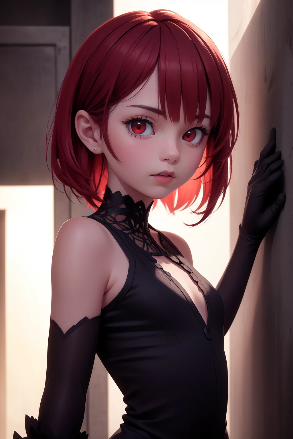 black hair, red eyes, short hair, short twintails, expressionless, cat ears, small breasts, micro bikini bra, micro bikini panties, side-tie knots, glowing eyes, highres, absurdres