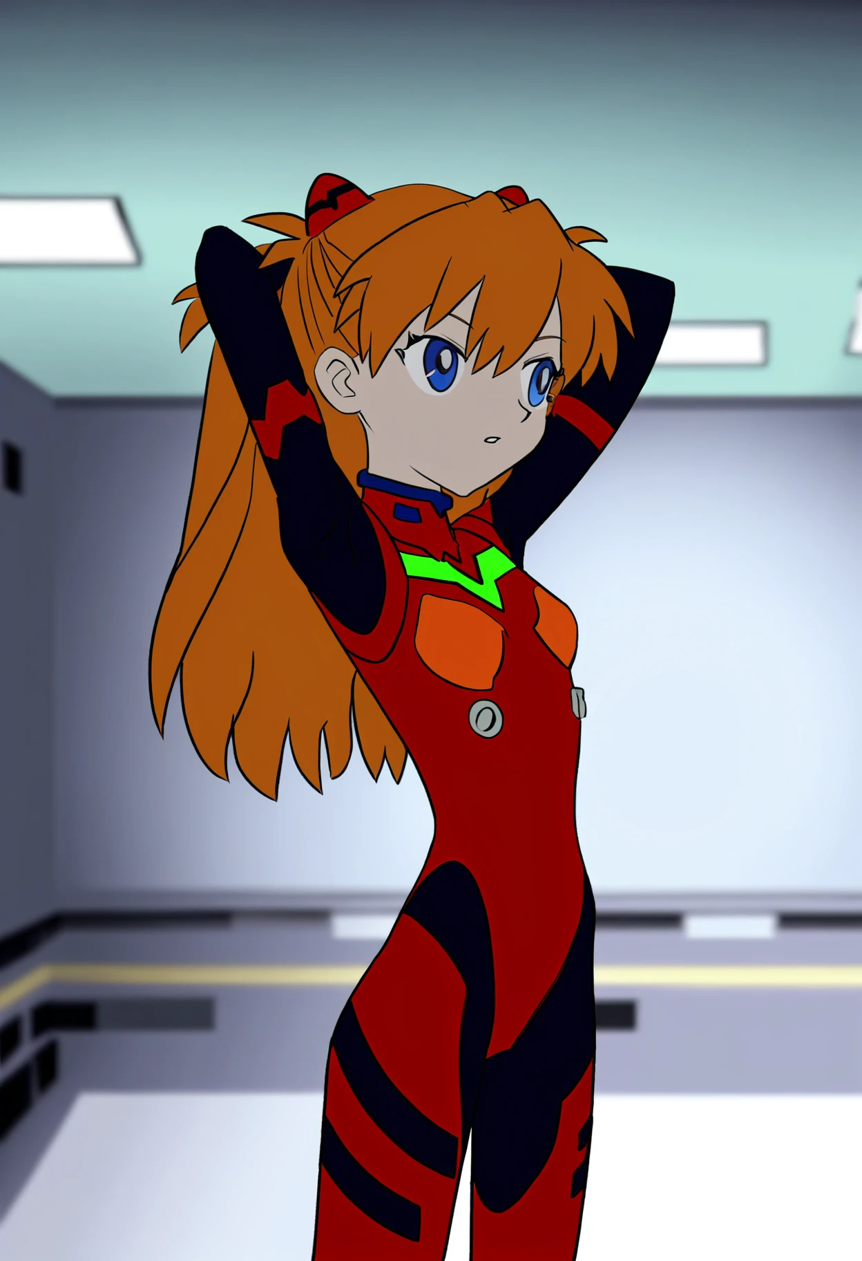 lvzi,awesome,inspiring,cinematic composition,soft shadows,Film grain,shallow depth of field,highly detailed,high budget,cinemascope,epic,OverallDetail,color graded cinematic,atmospheric lighting,imperfections,natural,shallow dof,1girl,souryuu asuka langley,neon genesis evangelion,solo,indoors,changing room,arms behind head,cowboy shot,interface headset,red bodysuit,, <lora:lvziXL:0.8>
