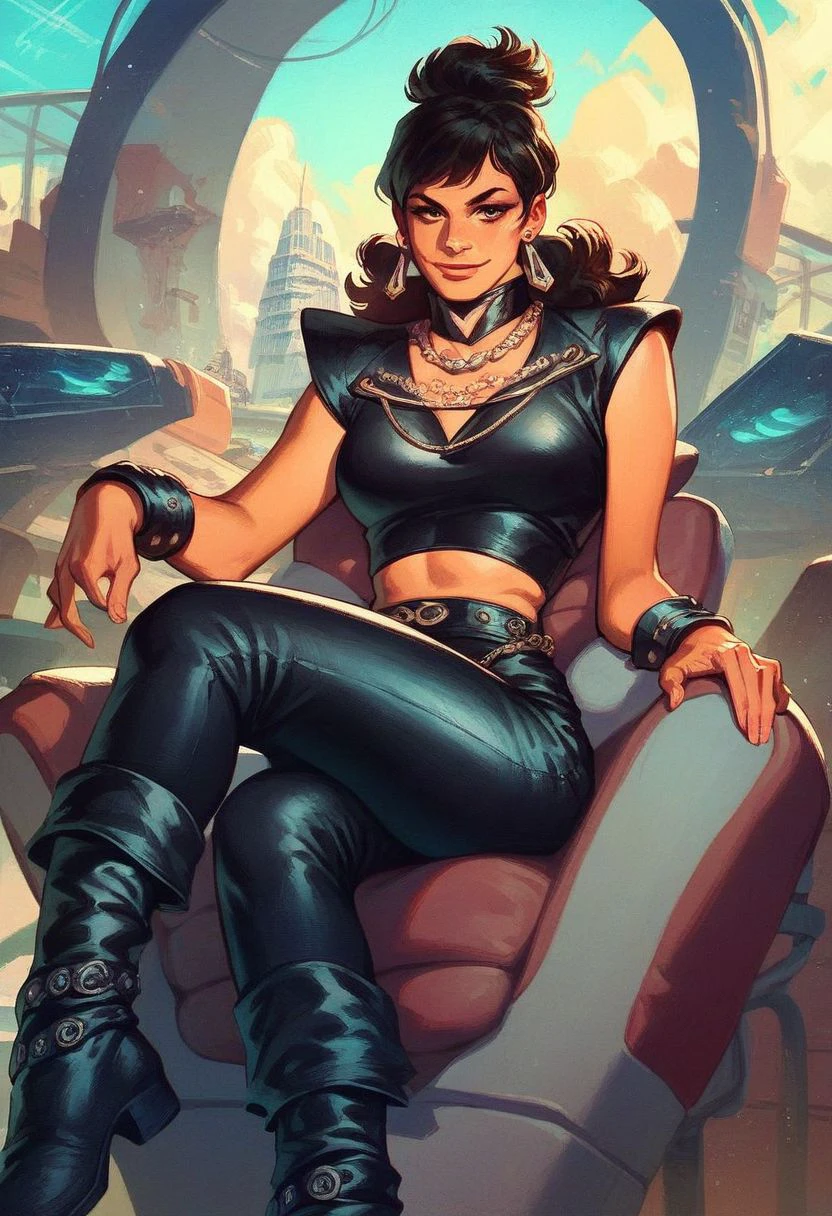 score_9_up, score_8_up, score_7_up, score_6_up, 1girl,  (Kitten_Mcgee) , jewelry, earrings, necklace, black leather crop top, boots, (painted art), arrogant smile, sitting in a high-tech chair, in a spaceship