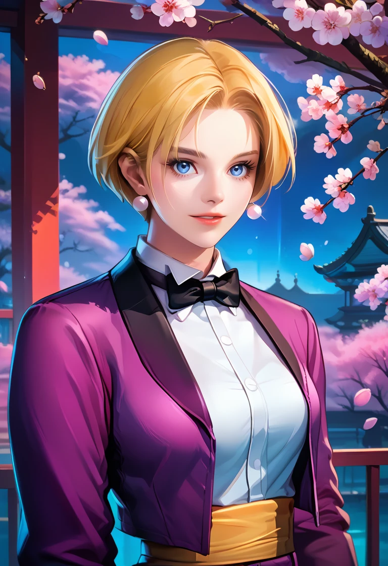 score_9, score_8_up, score_7_up, best quality, intricate details, 1girl,
 <lora:King_aof_v05:1> king aof, blue eyes, short hair, blonde hair, 
bowtie, collared shirt, fingerless gloves, high-waist pants, purple suit jacket
cherry blossoms, bokeh, high contrast, natural skin texture, hyperrealism, soft light, sharp, portrait, artistic photoshoot, colorful, vivid,