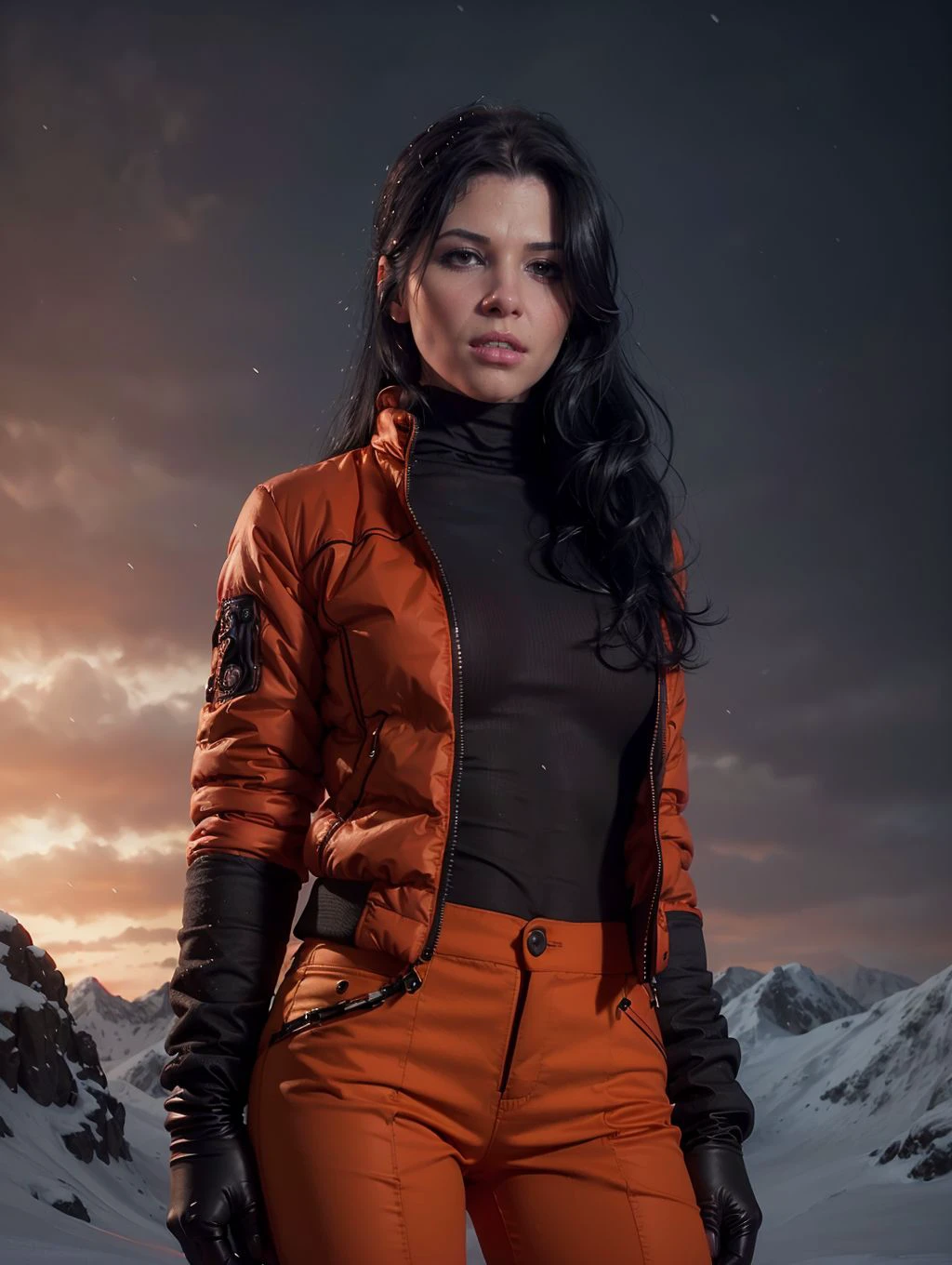 1girl, solo, (looking at viewer:1.3), black turtleneck, (orange jacket, red pants:1.3), outdoor, snow, Norway,
(intricate, pores, (highly detailed skin), digital painting, concept art, sharp focus, illustration, arts station,
detailed digital painting, cinematic, hype realistic, octane rendering,
hype realistic art, extremely high-resolution details, photographic, art bleak)