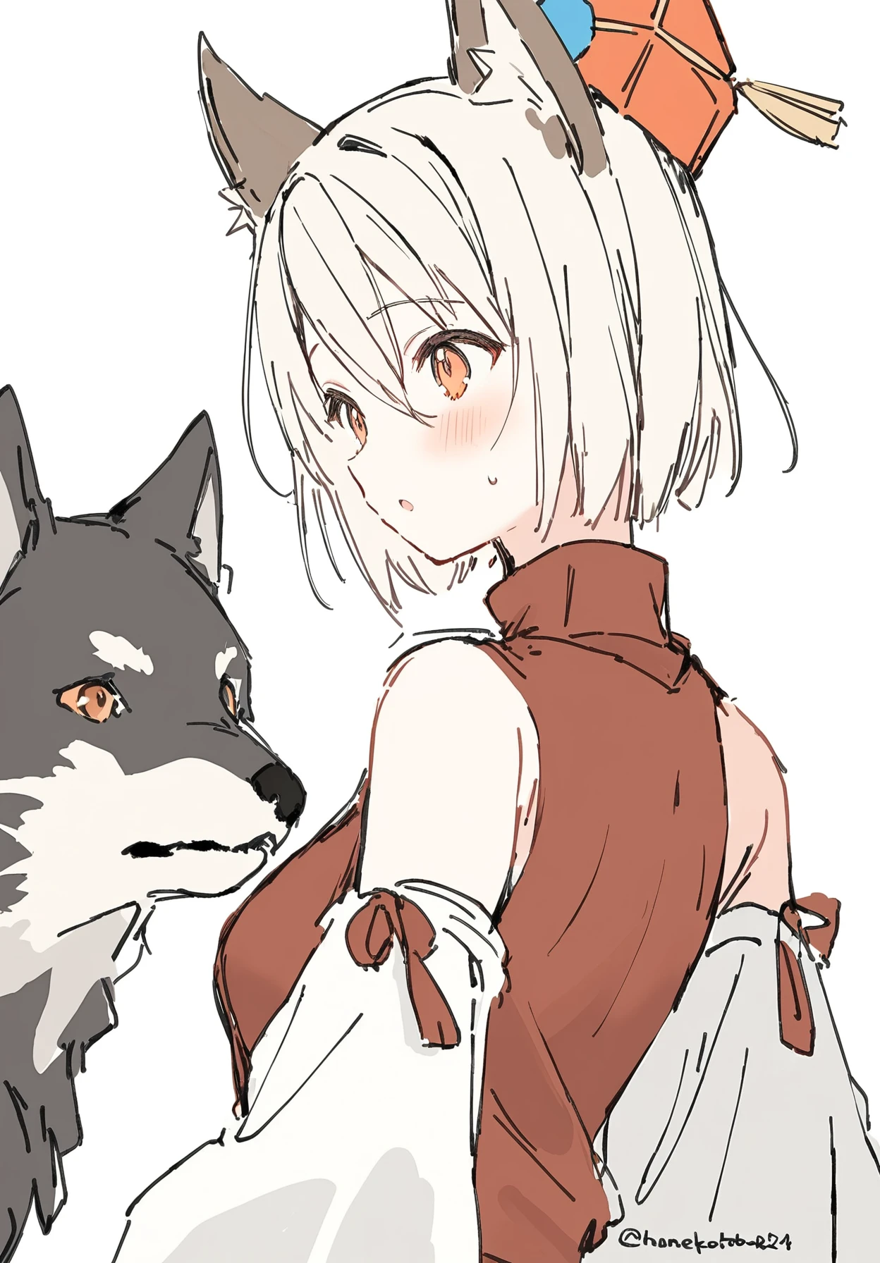 1girl,
hanekoto,
blush, :o, medium breasts, tokin hat, parted bangs, pom pom \(clothes\), upper body, from behind, short hair, sweatdrop, wolf ears, white hair, animal ears, profile, hair between eyes, sketch, looking at another, closed mouth, surprised, hat, solo, open mouth, looking down, animal, twitter username, detached sleeves, turtleneck, white shirt, orange eyes, shirt, looking to the side, breasts,
masterpiece, best quality, newest
<lora:hanekoto_image488_2024-03-28_a31-000018:1>