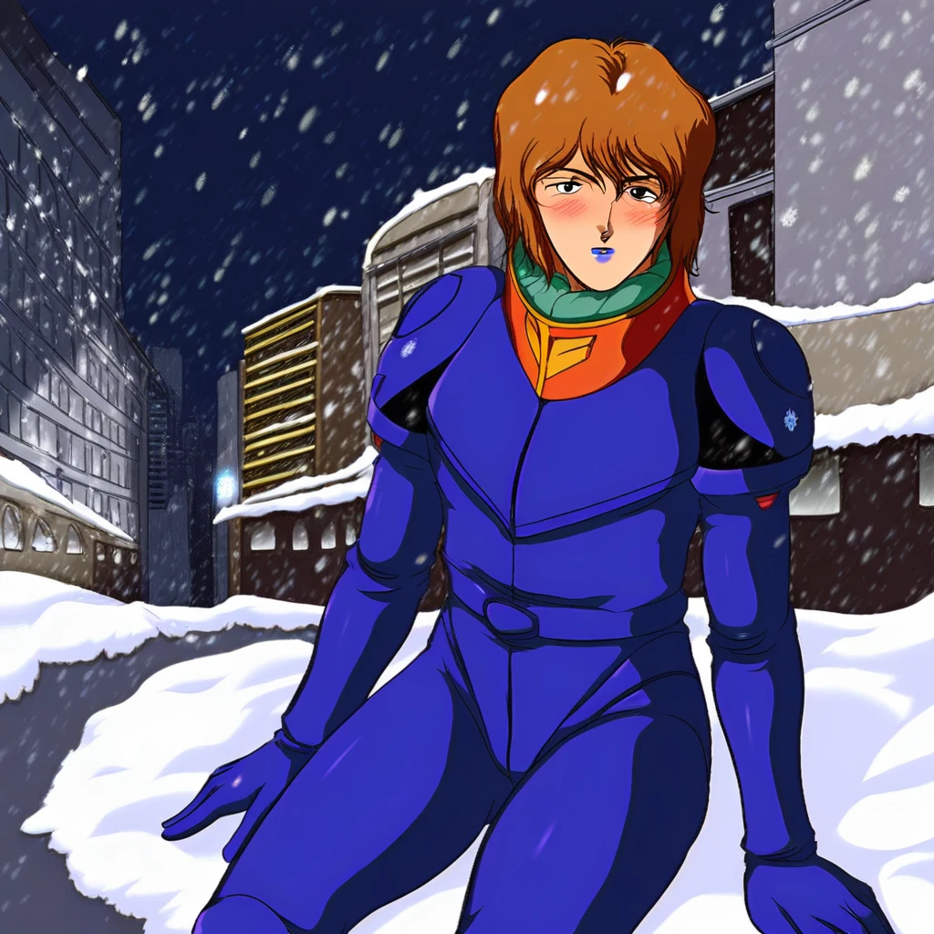 rezin schneider, brown short hair, blue lips,blue pilotsuit,sitting,solo, snow, snowing, snowflakes, outdoors, street, city, buildings, blush, looking at viewer, cowboy shot, colorful, vivid