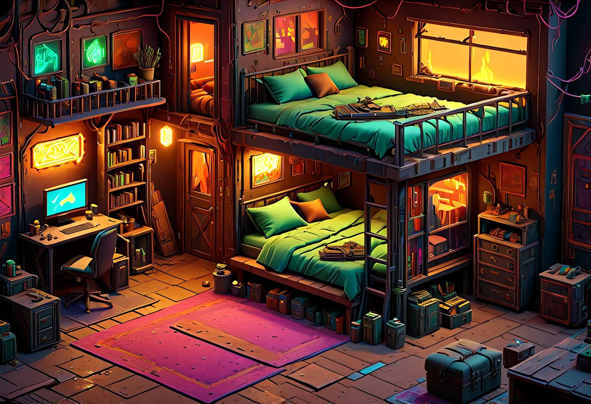 an extremely detailed isometric scene of (nxzskzt), ((isometric cutaway)), isometric style, indoors, isometric cutaway of a two story bedroom in a neon post apocalyptic theme with , 3d, isometric view, octane render, neon lighting, isometric miniature, 3d scene, cinematic lighting, extremely detailed, ultra HD, desktop wallpaper, 128k, neon theme, masterpiece, best quality