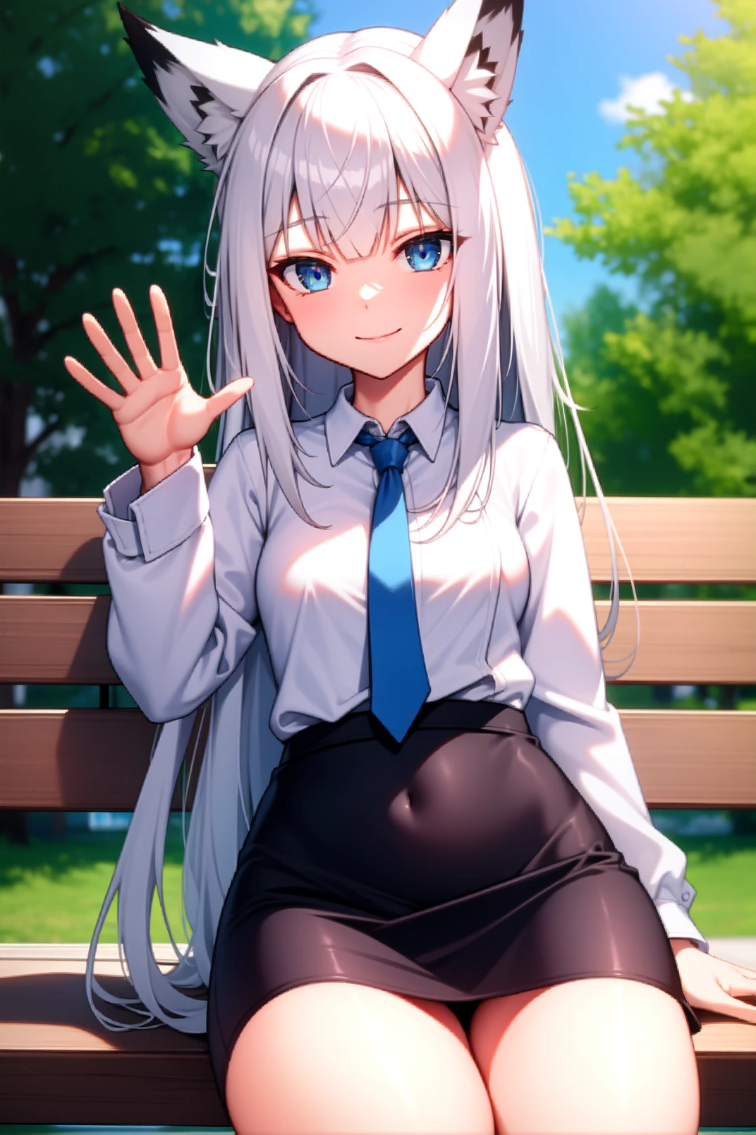 solo, masterpiece, best quality, outdoors, street, cowboy shot, looking at viewer, closed mouth, smile, kawakaze, blue eyes, white hair, very long hair, bangs, sidelocks, fox ears, collared shirt, white shirt, long sleeves, black necktie, black skirt, pencil skirt, waist skirt, miniskirt, waving, sitting, bench