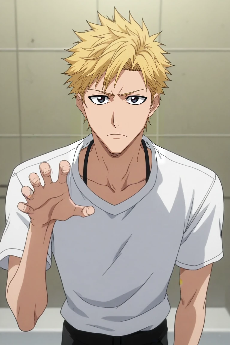 score_9, score_8_up, score_7_up, source_anime, rating_safe, intricate details, anime screencap, anime coloring, , , depth of field, 1boy, male focus, black eyes, ash blonde hair,, solo, focused, bathroom, noon, claw pose, heart eyes, <lora:bleach_style_pony:0.72>, bleach_style, <lora:sdxl_lightning_8step_lora:1>
