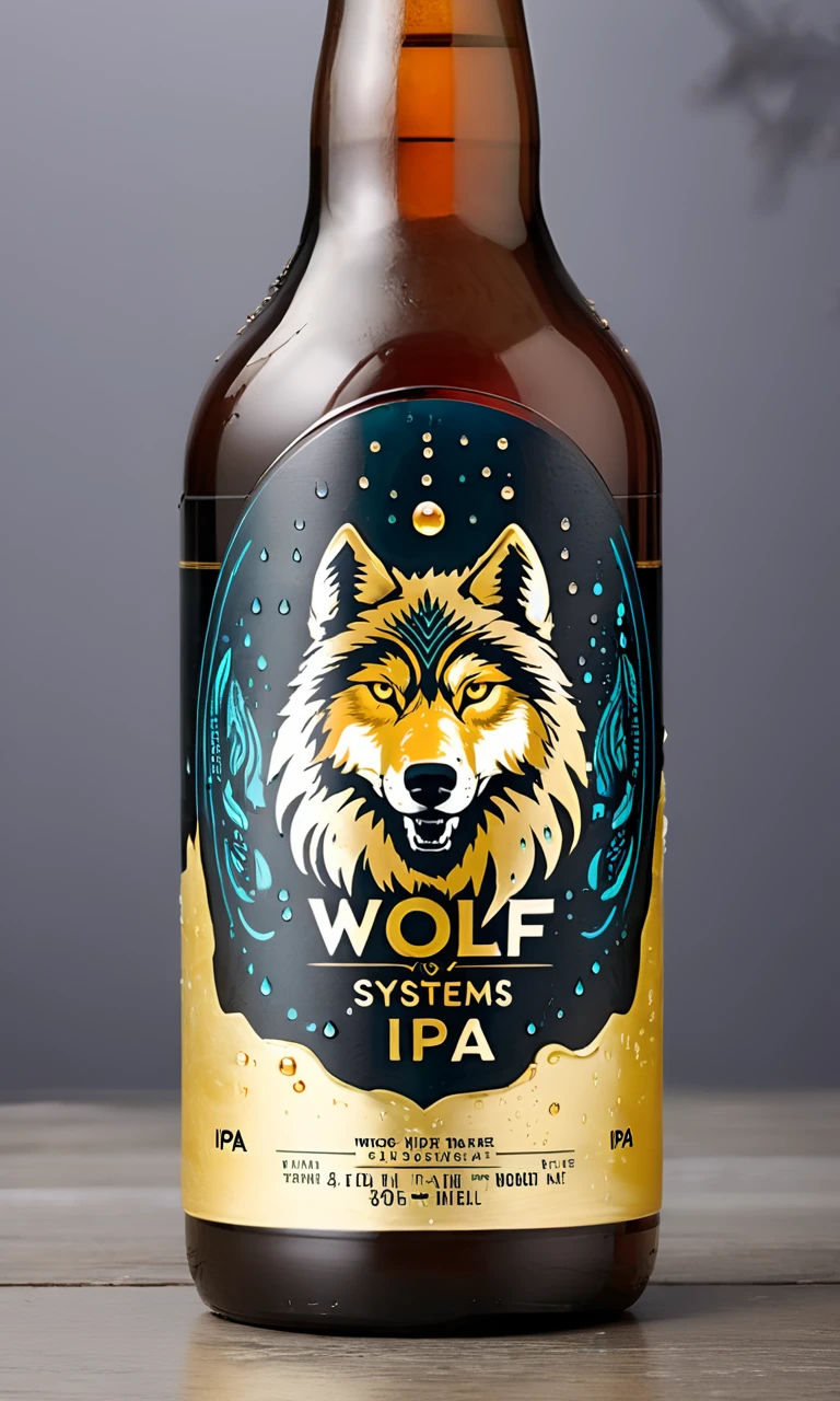 <lora:bevlabsdxl:0.9>,a beer bottle with a wolf on it, text " Wolf-Systems IPA", bevlabsdxl,  best quality, masterpiece, water droplets, logo, fancy beer, gold label