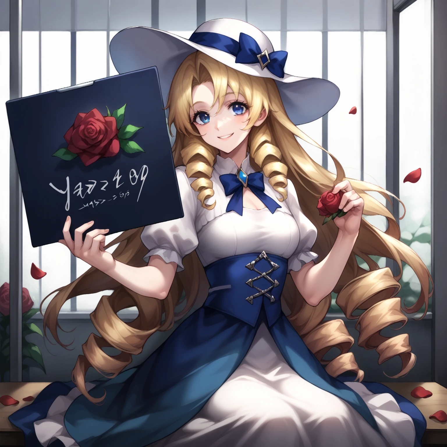 score_9, score_8_up, source_anime, mugshot-ptn, 1girl, solo, blonde hair, hat, long hair, blue eyes, drill hair, flower, rose, petals, dress, smile, very long hair,, white background, holding, looking at viewer, <lora:mugshot-ptn:1.05>