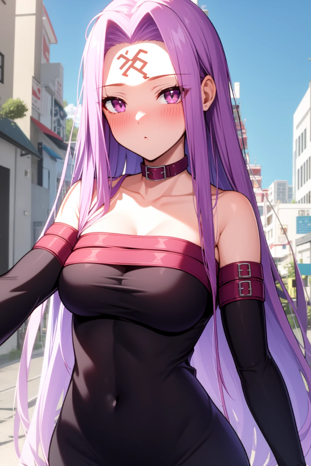 solo, masterpiece, best quality, outdoors, street, looking at viewer, :o, closed mouth, blush, standing, medusa, purple eyes, forehead mark, purple hair, very long hair, collar, black dress, short dress, strapless dress, detached sleeves, black sleeves, black thighhighs