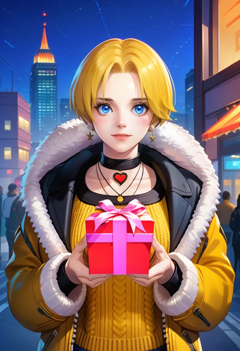 score_9, score_8_up, score_7_up, best quality, intricate details, 1girl,
 <lora:King_aof_v05:1> king aof, blue eyes, short hair, blonde hair, 
fur trim short jacket, orange aran sweater, cable knit, choker, necklace, short denim shorts, zettai ryouiki, 
embarrassed, looking away, city, night, gift box, happy valentine, garland \(decoration\),