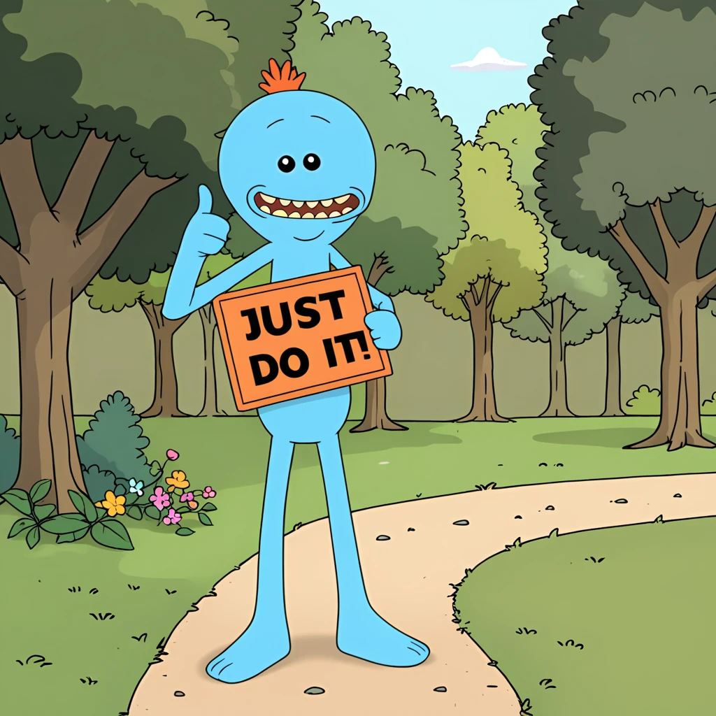 cartoon, western animation, ultimate masterpiece, meeseeks alien, giving thumbs up, holding a sign with text ("Just do it!":1.3), (full shot, full body:1.2)
<lora:Meeseeks_AnimagineXL_V30_v1-000007:.8>