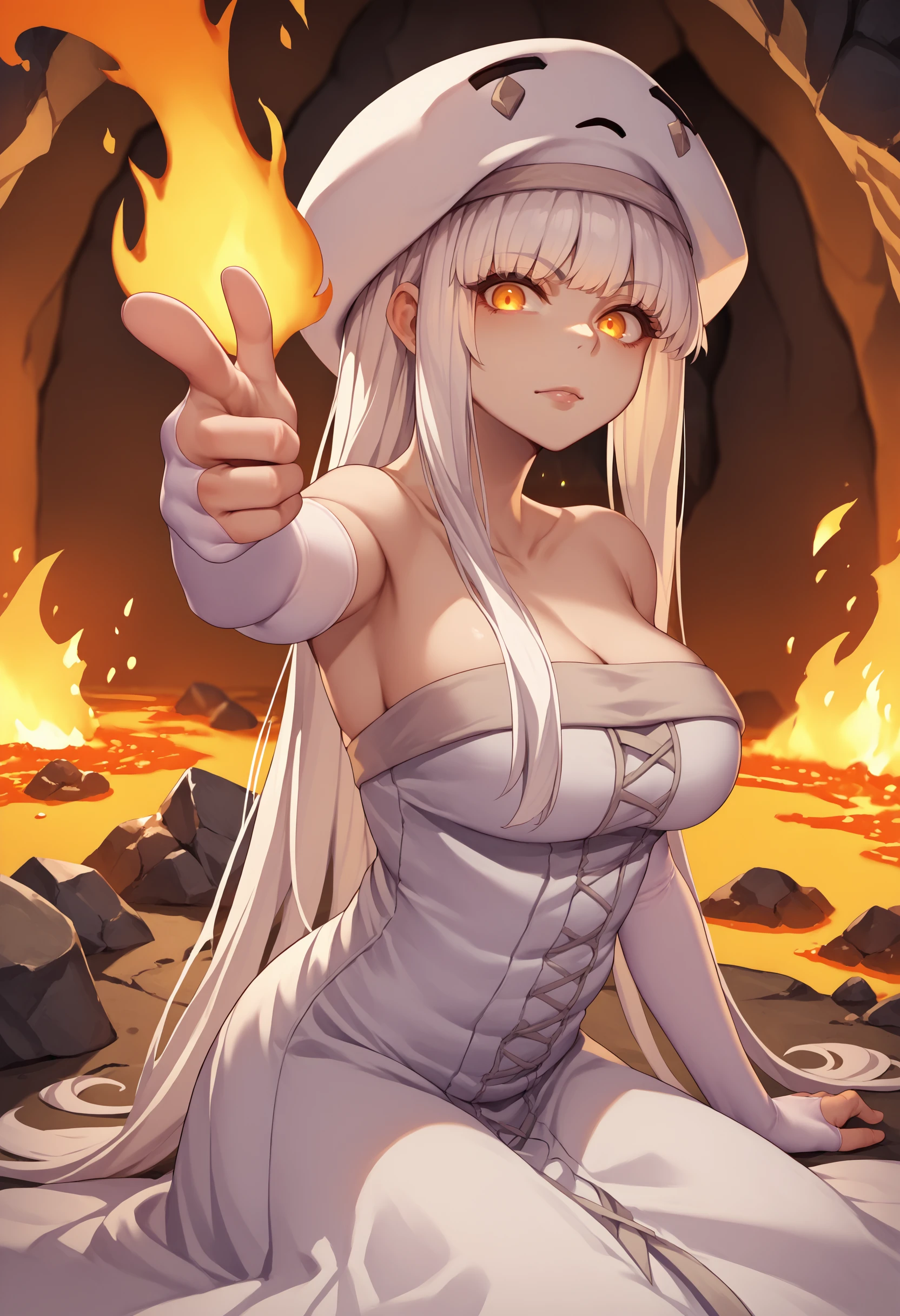 score_9, score_8_up, score_7_up, source_anime, Ghast-chan, yellow eyes, white hair, long hair, large breasts, hat, white dress, bare shoulders, elbow gloves, fingerless gloves, <lora:Ghast_XLPD:1>, sitting,  <lora:Fingergun_XLPD:1> finger gun, pointing at viewer, stone, cave, fire, molten rock, lava,