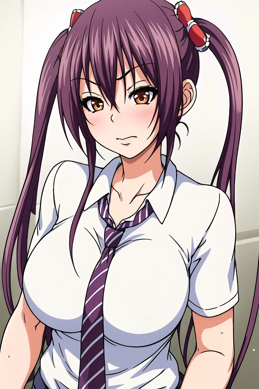 Simple White Background,
dynamic pose,standing at attention,
school uniform, shirt, short sleeves,striped necktie,
<lora:Tsunko_Minamino_VirginLostClub-KK77-V1:0.7>,
brown eyes, purple hair,bangs,twintails, hair ornament, red ribbon,
<lora:more_details:0.1>,<lora:akatsuki_myuuto_Style-KK77-V1:0.3>,<lora:Oda_Non_Style-KK77-V2:0.3>,
1 girl, 20yo,Young female,Beautiful long legs,Beautiful body,
Beautiful Nose,Beautiful character design, perfect eyes, perfect face,expressive eyes,perfect balance,
looking at viewer,(Focus on her face),closed mouth, (innocent_big_eyes:1.0),(Light_Smile:0.3),
official art,extremely detailed CG unity 8k wallpaper, perfect lighting,Colorful, Bright_Front_face_Lighting,White skin,
(masterpiece:1.0),(best_quality:1.0), ultra high res,4K,ultra-detailed,
photography, 8K, HDR, highres, absurdres:1.2, Kodak portra 400, film grain, blurry background, bokeh:1.2, lens flare, (vibrant_color:1.2),professional photograph,
(Beautiful,large_Breasts:1.4), (beautiful_face:1.5),(narrow_waist),