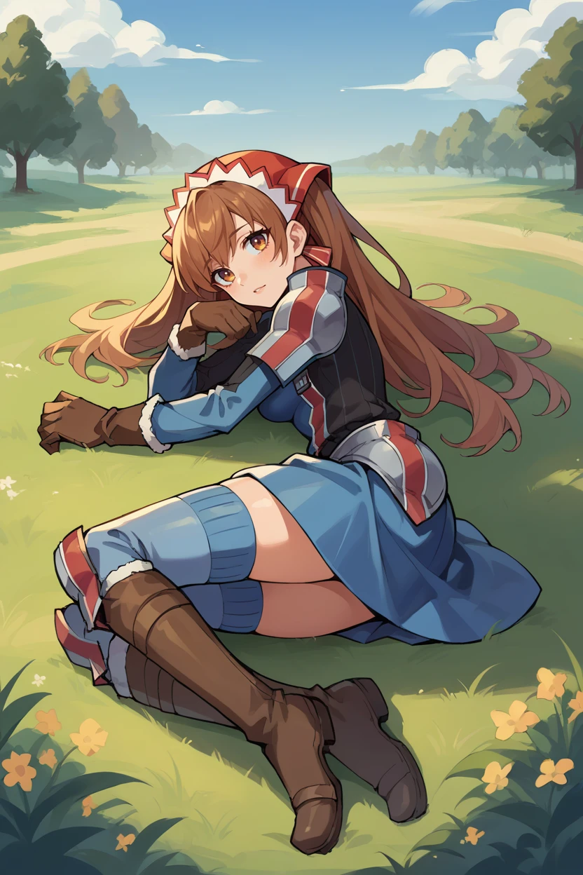 score_9, score_8_up, score_7_up, score_6_up, source_anime, BREAK 1girl, solo <lora:vcalicia-pdxl-nvwls-v1-000006:1> vcAlicia, headdress, blue shirt, armor, blue skirt, gloves, thighhighs, lying on side, field, blue sky, trees, looking at you