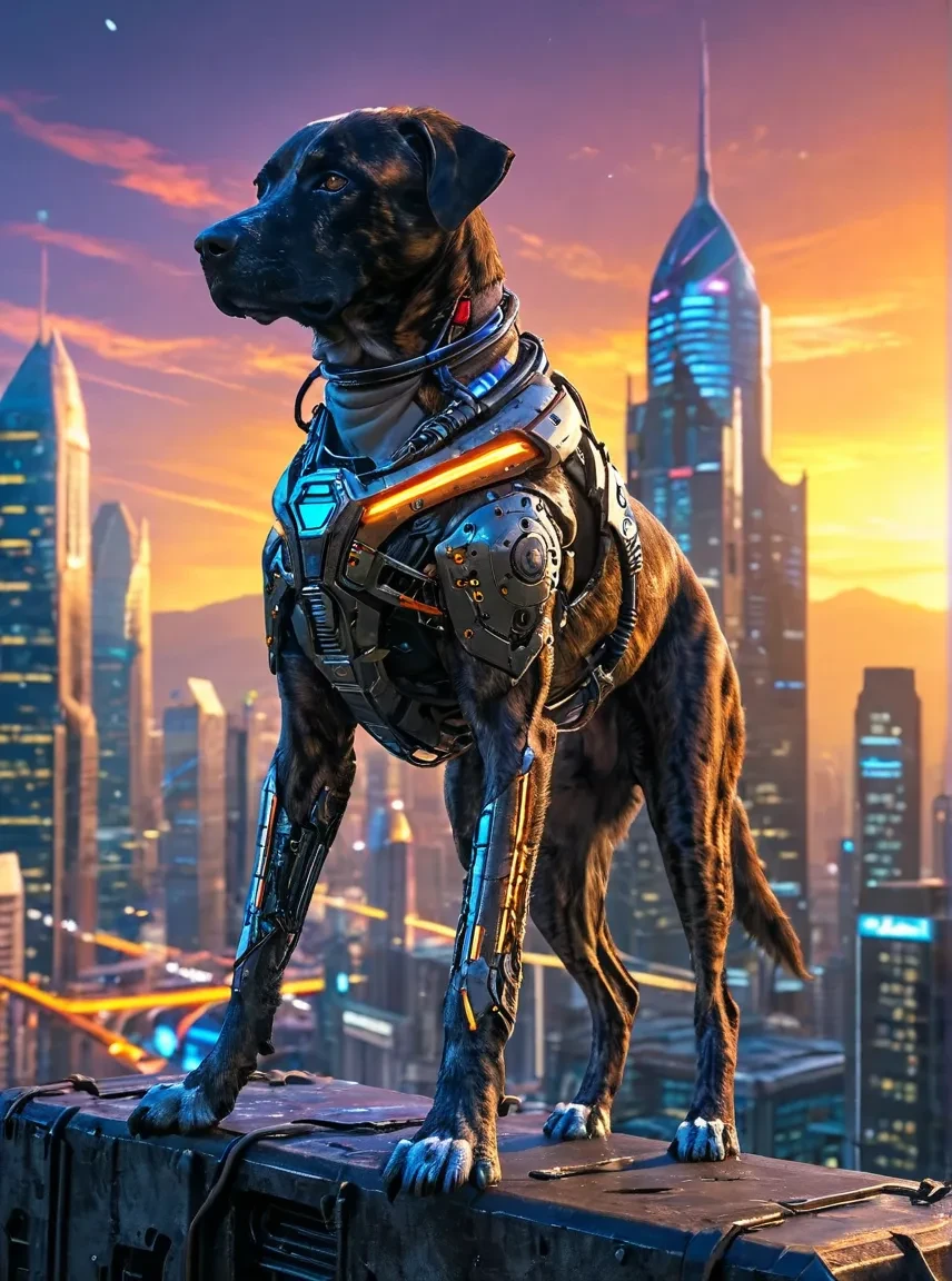 vivid digital illustration, towering perspective, a legendary Brown Catahoula transformed into a formidable alien cyborg guardian, adorned with sleek metallic armor and glowing energy circuits, standing sentinel in a futuristic alien cityscape, with otherworldly spires and neon-lit skyscrapers stretching into the cosmic horizon, exuding a sense of power and otherworldly majesty, portrayed in a sci-fi fantasy style that blends elements of technology and mysticism, capturing the dog's essence as a protector of the galaxy <lora:Brown Catahoula Dog XL_epoch_3:1>  <lora:MJ52:0.5>  <lora:add-detail-xl:0.4>