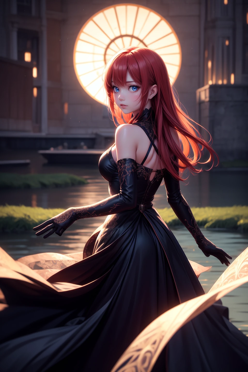 1 stunning beautiful girl, long copper hair, breathtaking beauty, pure perfection, red gauze dress, lake, starry night, perfect blue eyes, sexy pose, luminous, translucent, luminous, translucent, depth of field, wide view, view from behind, looking at viewer, full length body, perfect beautiful hands,
(masterpiece:1.2), (best quality:1.2), newest, ai-generated, ultra-detailed, best shadow, detailed background, high contrast, (best illumination, an extremely delicate and beautiful), ((cinematic light)), hyper detail, dramatic light, intricate details, 8k, anime, very aesthetic, <lora:more_details:0.5>