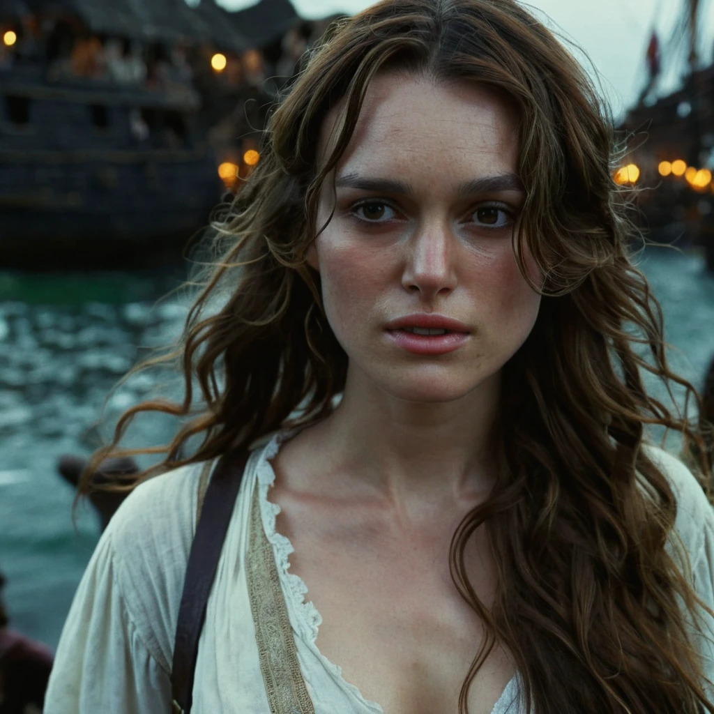 high resolution photo close up of kkn woman,long brown loose waves hair,wearing white garment,in a pirate city,gloomy,dimly lit,bokeh,depth of field,she is looking at camera