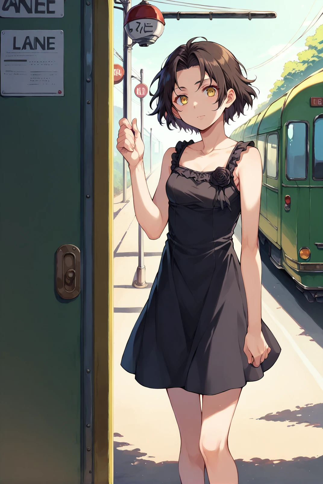 1girl, chane_laforet, chanedress, sleeveless, black dress, black rose, short hair, yellow eyes, standing near train, <lora:Chane Laforet Pony XL-000003:0.9>,, score_9, score_8_up, score_7_up,