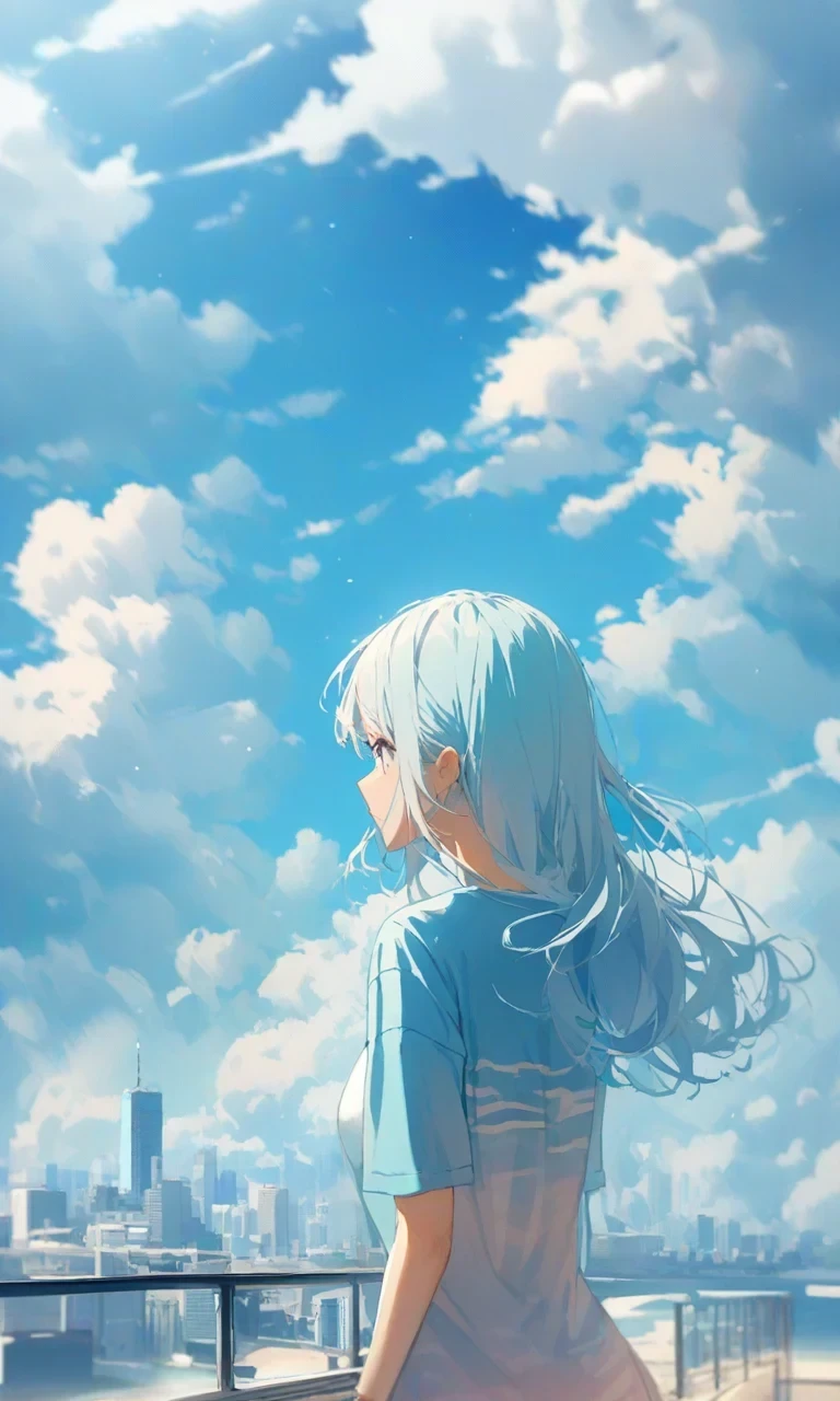 <lora:better_scenery:1>1girl, original, solo, t-shirt, summer, blue sky, cloud, day, outdoors, scenery, cumulonimbus cloud, from behind, cityscape