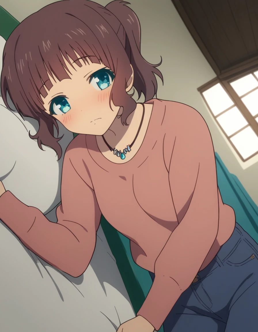 score_9, score_8_up, score_7_up, source_anime,
akarisakishima, <lora:akari-sakishima-s1-ponyxl-lora-nochekaiser:1>,
akari sakishima, short hair, blue eyes, brown hair, ponytail,
jewelry, pants, necklace, denim, collarbone, long sleeves,
indoors, bed, bed room, on side, blush, drunk,
looking at viewer, cowboy shot, dutch angle, solo,