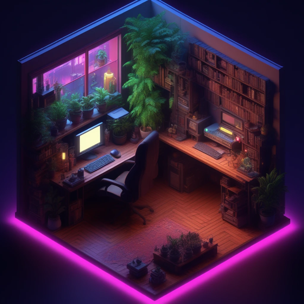 nxzskzt, no humans, chair, plant, scenery, monitor, book, computer, window, desk, keyboard (computer), lamp, mouse (computer), table, bookshelf, potted plant, indoors, night, box, phone, candle, controller, shelf, neon, 3d, isometric view, octane render, neon lighting, isometric cutaway, isometric miniature, 3d scene, cinematic lighting, masterpiece, best quality