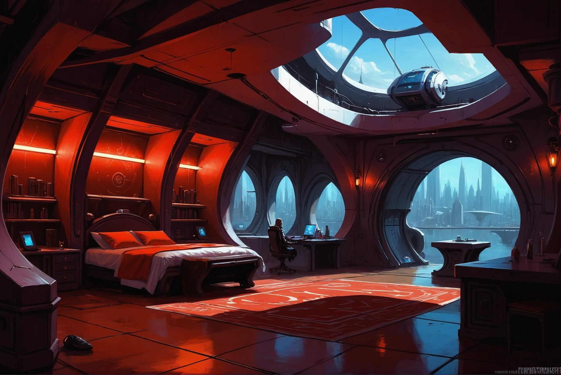 digital painting, scifi city, Lord's and Lady's Chambers \(room\) in a wonderous fantasy metropolis outside of time<lora:EnvyStarlightScifiAesthetic02:1>