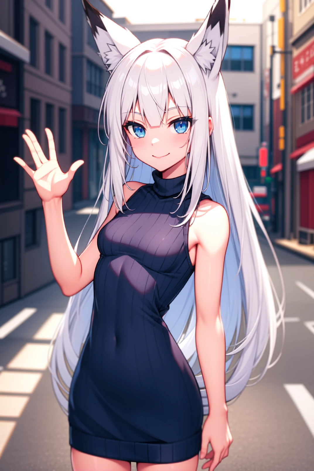 solo, masterpiece, best quality, outdoors, street, cowboy shot, looking at viewer, closed mouth, smile, kawakaze, blue eyes, white hair, very long hair, bangs, sidelocks, fox ears, ribbed sweater, sweater dress, turtleneck, sleeveless, waving 