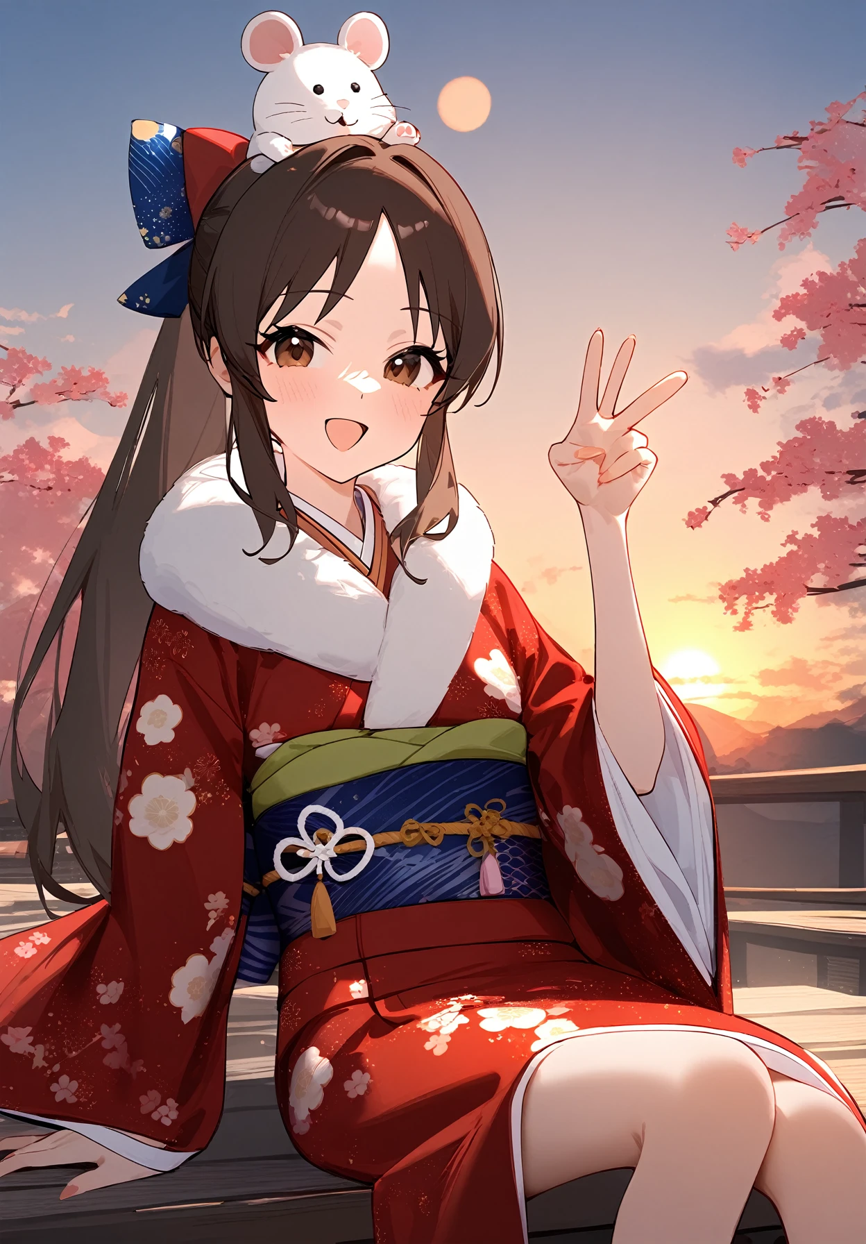 1girl,
tachibana arisu, idolmaster,
red kimono, furisode, new year, kimono, sitting, outdoors, :d, year of the rat, tree, solo, blue bow, happy new year, bow, feet out of frame, chinese zodiac, sun, medium bangs, brown eyes, sky, hair bow, v, fur-trimmed kimono, obi, smile, sash, cloudy sky, fur trim, sidelocks, red bow, parted bangs, floral print, cloud, arm support, fake animal ears, long hair, wide sleeves, animal ears, 2020, japanese clothes, brown hair, blush, sunrise, ponytail, on head,
masterpiece, newest, absurdres, safe
<lora:2080ti_ag31_tachibana_arisu-000007:1> <lora:a31_style_koni:1>