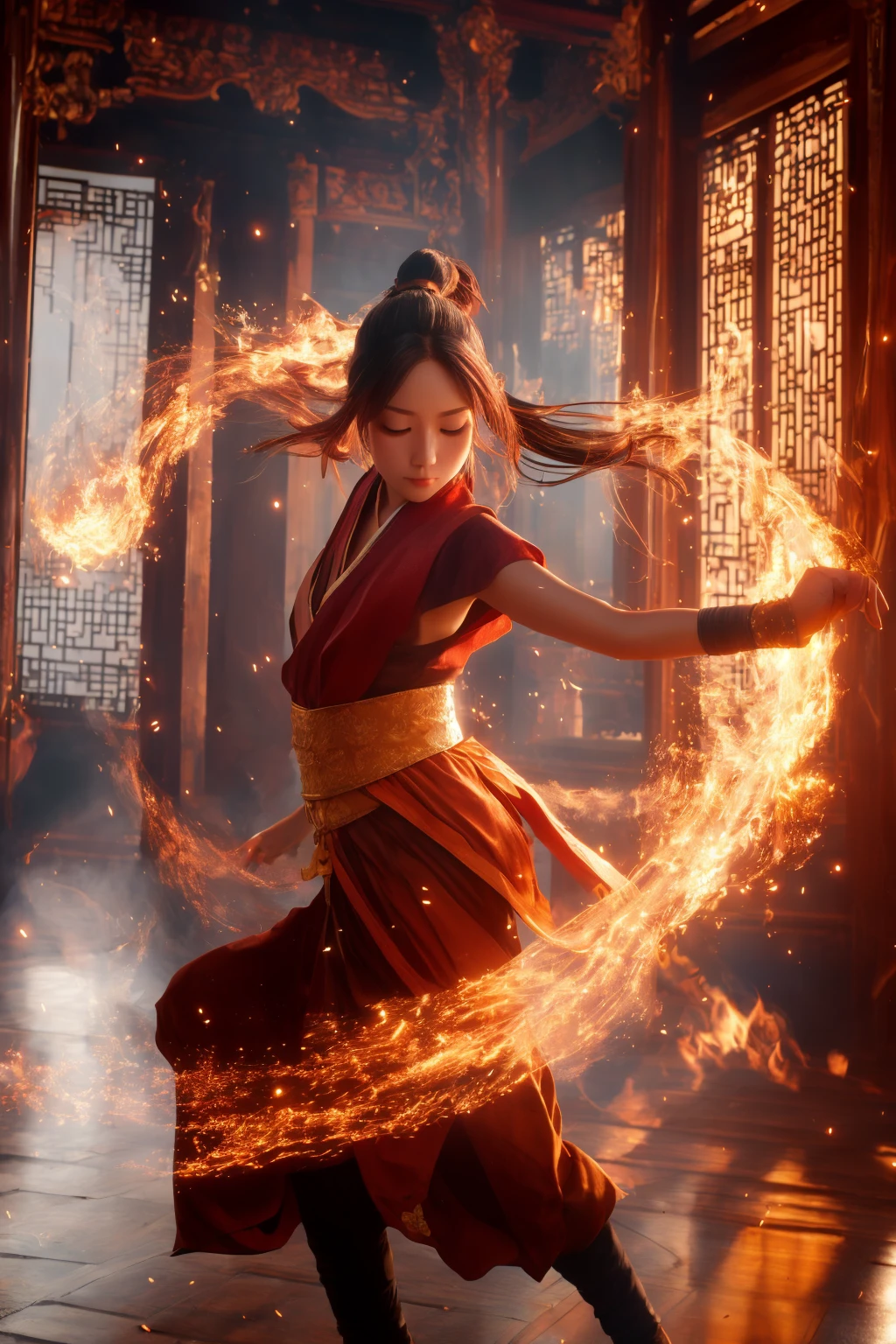 orang-aura,using orang-magic,orang-magic,ancient-costume,dancing,solo,1girl,fire,long hair,ponytail,<lora:magic_fighting_768:0.8>,