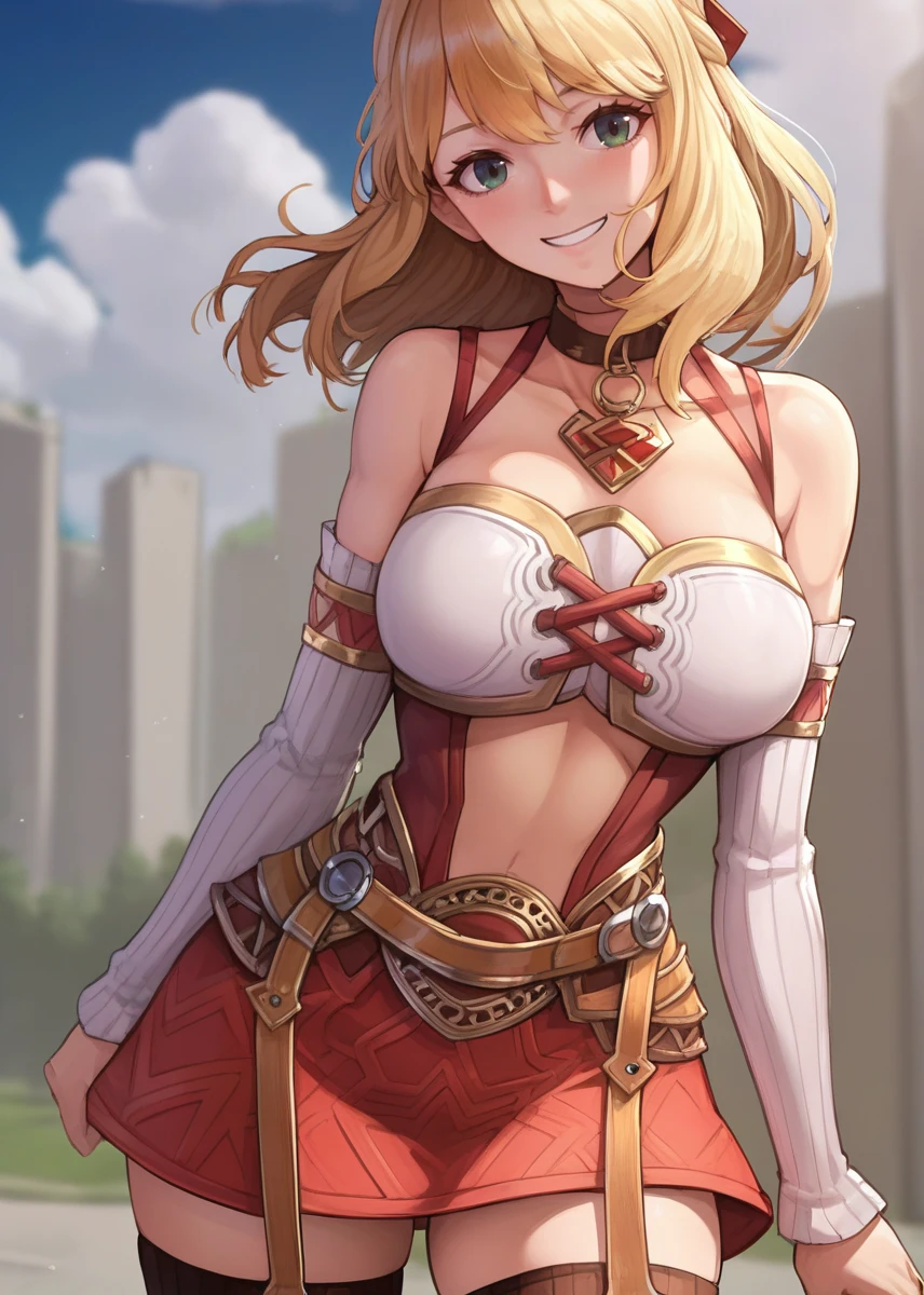 1girl, <lora:fiora_Xb_Autism_v1:1>, (fiora_Xb), solo, (large breasts:1.0), (sagging breasts:0.2),  (cowboy shot:1.2), thighhighs, skirt, bare shoulders, detached sleeves, (superhero_landing:1.1), (pov:1.1), (cute girl), smile,
best quality, masterpiece, (score_9), (score_8_up), (score_7_up), source_anime, (anime), (anime screencap:1.3), anime coloring,