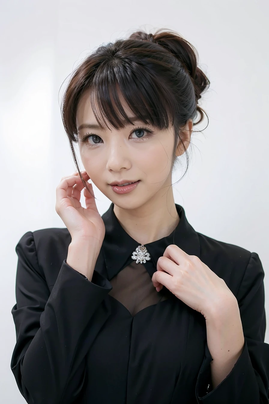 1lady, black  random formal attire, white background, <lora:KimikaIchijo_Jav-02:1>