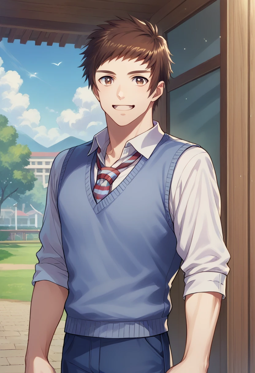 score_9, score_8_up, score_7_up, masterpiece, best quality, amazing quality, best aesthetic, ,absurdres, ((source_anime)), cute,shingo_stud, brown hair, brown eyes, white shirt, blue sweater vest, striped nectie, blue pants, 1boy<lora:EMS-369420-EMS:1.000000>