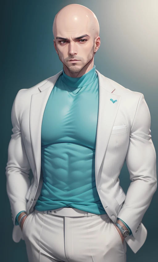 <lora:Mobster_Hotline_Miami:0.85> mobster, white suit, teal turtleneck, male, bald, sideburns, beard, best quality, masterpiece, detailed, 8K, uhd, (extremely detailed CG unity 8k wallpaper),(masterpiece), (best quality), (ultra-detailed), (best illustration), detailed face, skin pores, detailed skin, detailed eyes, high quality eyes, good quality hands, high resolution, great anatomy