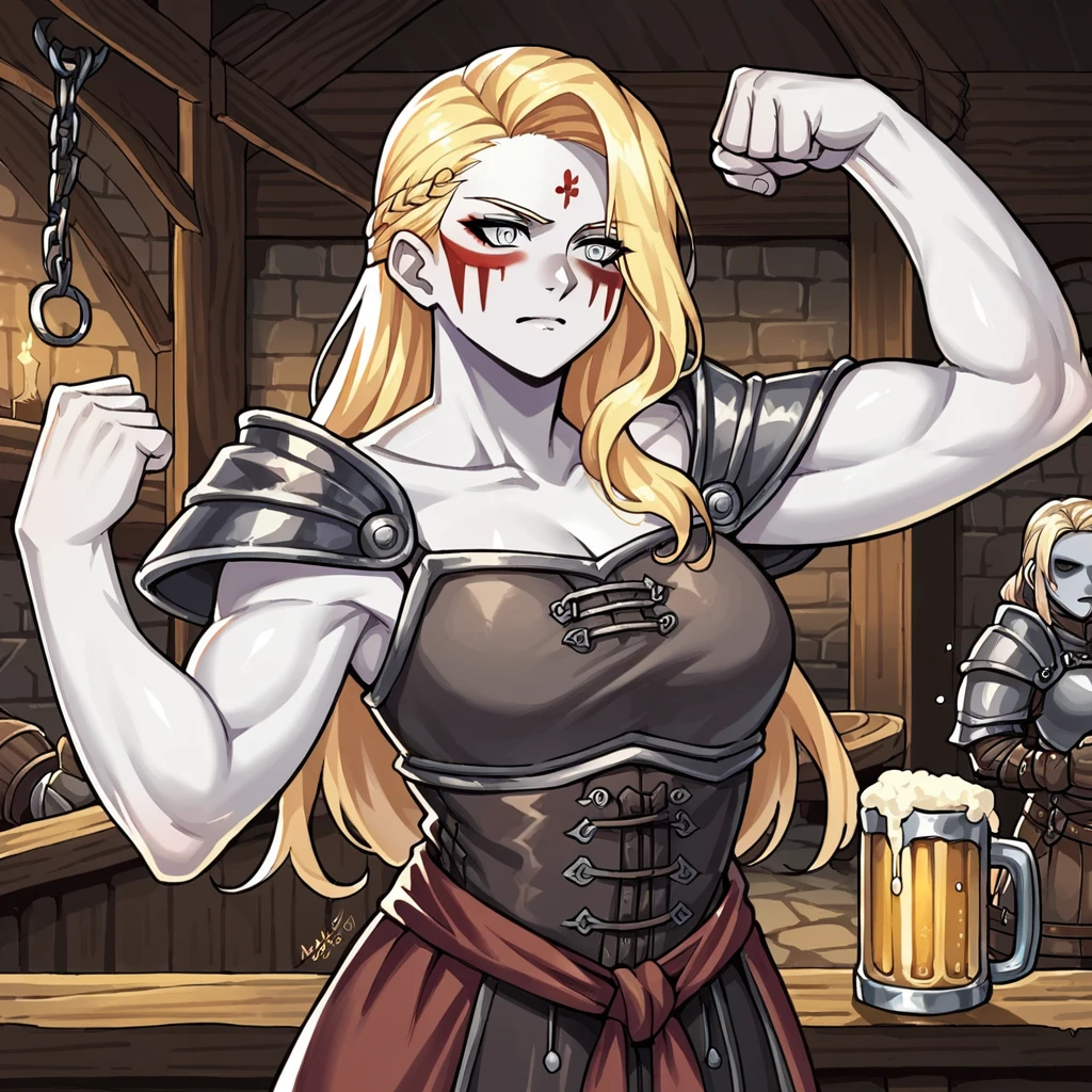 score_9, score_8_up, score_7_up, score_6_up, score_5_up, score_4_up, source_anime, 1girl, solo, grey skin, white skin, long hair, blonde hair, silver eyes, flexing, cowboy shot, drinking beer, tavern, medieval, chugging, dizzy, facepaint, armor, inn room, medieval, <lora:RoegadynFFXIVPonyV1-02:1>