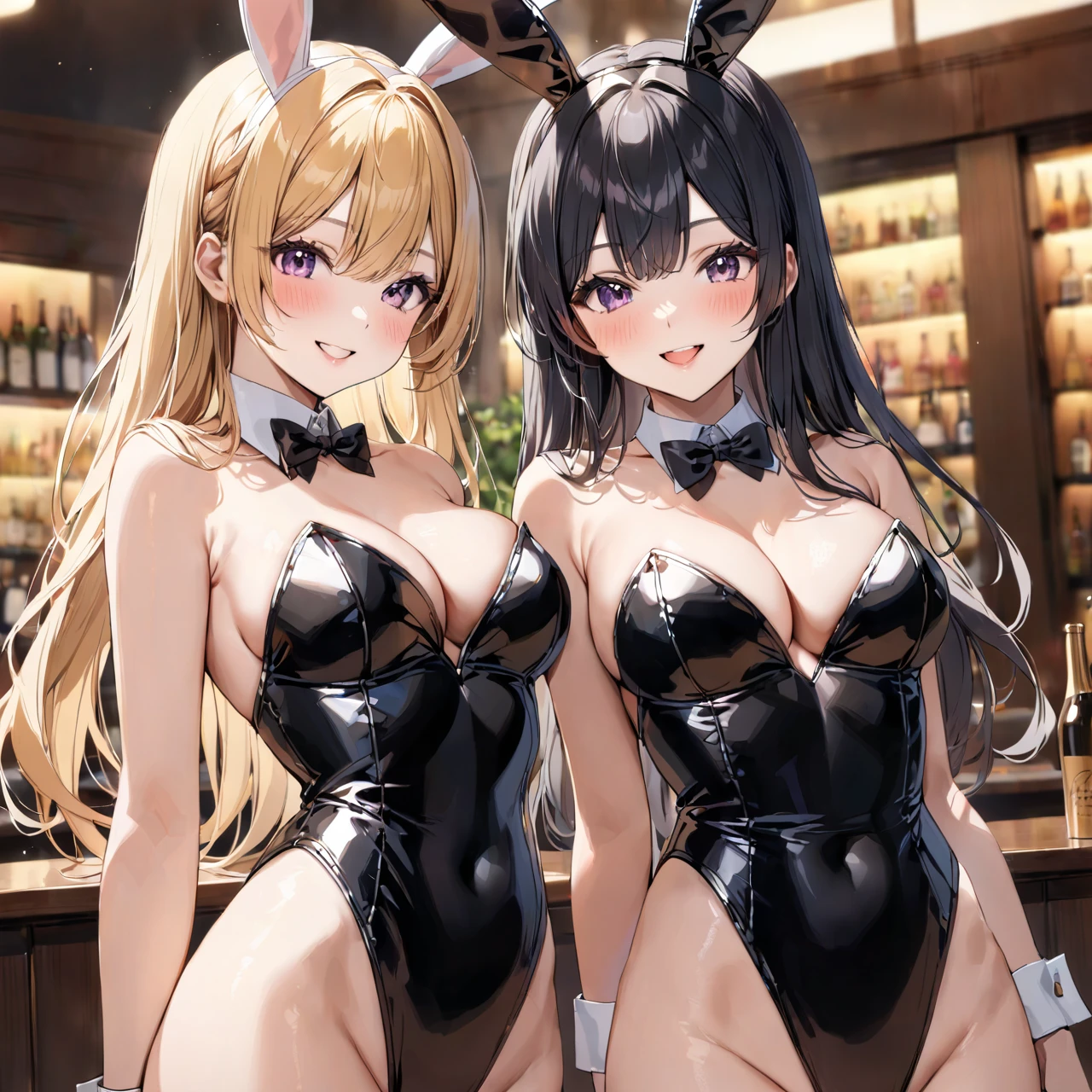 masterpiece,best quality,depth of field BREAK
3girls,blonde hair,long hair,blush,black tailcoat playboy bunny,bunny,standing BREAK
3girls,red hair,short hair,smile,pink playboy bunny,standing BREAK
3girls,black hair, twintails,;d,gold playboy bunny,standing,