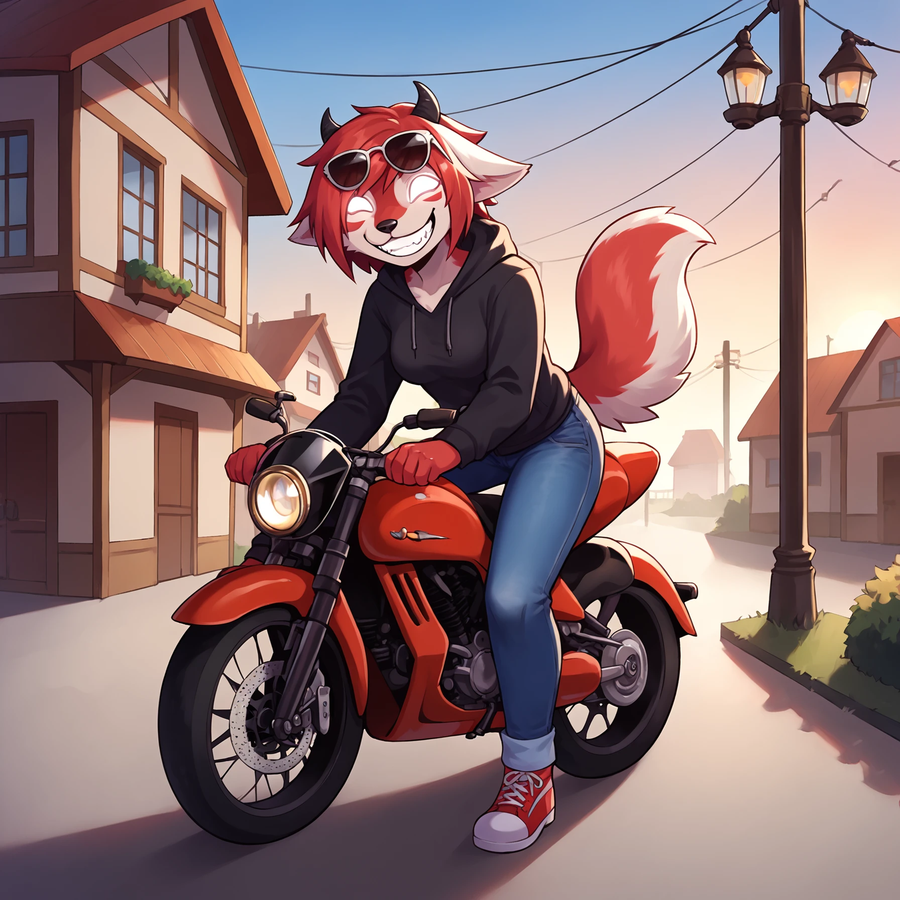 score_9, score_8_up, score_7_up, score_6_up, score_5_up, score_4_up, source_anime, furry, canine, detailed background,  town in background, ,soft lighting,full body view, detailed fluffy fur, riding motorcycle, motorcycle,
BREAK
1girl, solo,  smileycindy, grinion, horns,  canid demon, (no pupils, white eyes:1.1), white fur,  happy,  smile, teeth,   red hair , looking at viewer, ,  breasts,   tail, breast, , ,<lora:Smiley_Cindy-000009:0.9>
BREAK
casual clothing, hoodie, jeans, sunglasses on head,
BREAK
<lora:Smooth Anime 2 Style SDXL_LoRA_Pony Diffusion V6 XL:0.65>