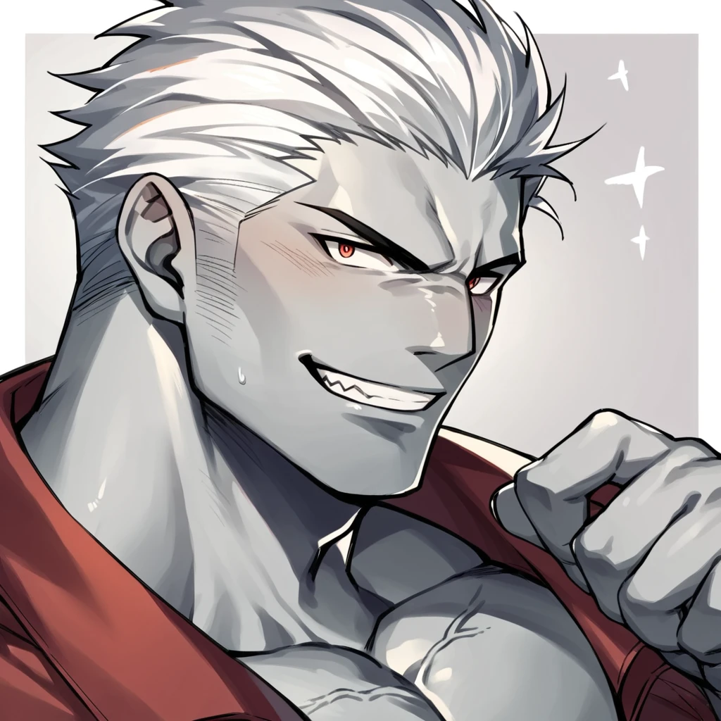 score_9, score_8_up, score_7_up, score_6_up, score_5_up, score_4_up, source_anime, 1boy, portrait, bara,  grin, looking_at_viewer, short hair, grey skin, white hair, wrinkled skin,  <lora:RoegadynFFXIVPonyV1-02:1>